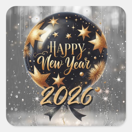 Golden Sparkle New Year Balloon with 2026 Glow Quadratischer Aufkleber (Vorderseite)
