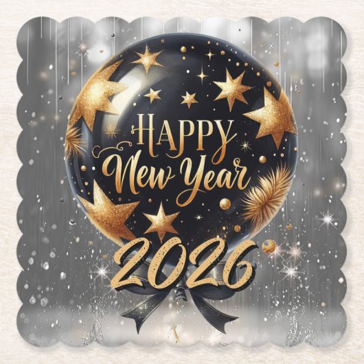 Golden Sparkle New Year Balloon with 2026 Glow Untersetzer (Vorderseite)