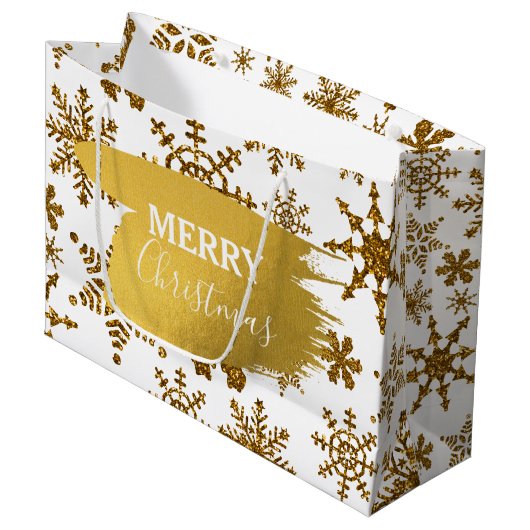 Golden Sparkling Snowflakes Frohe Weihnachten Große Geschenktüte (Vorderseite Schrägansicht)