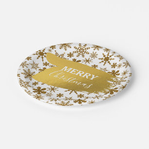 Golden Sparkling Snowflakes Frohe Weihnachten Pappteller