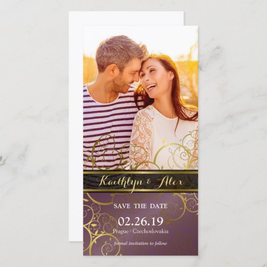 Golden Spiral Vines Lila Elegantes Foto Save The Date (Vorne/Hinten)