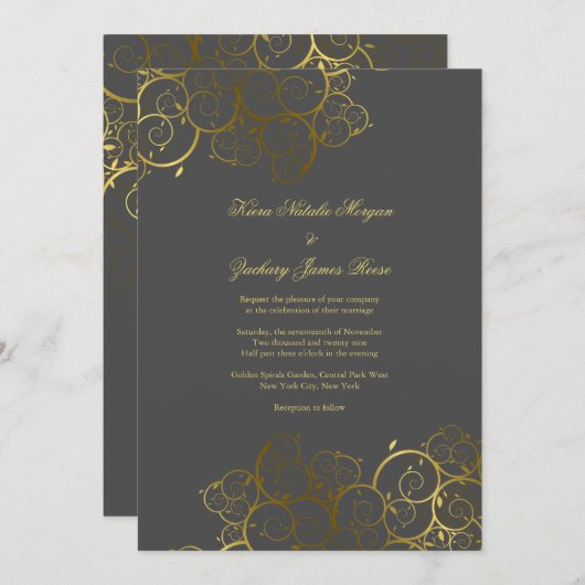 Golden Spirals Weintrauben Grau Hochzeit Einladung (Vorne/Hinten)
