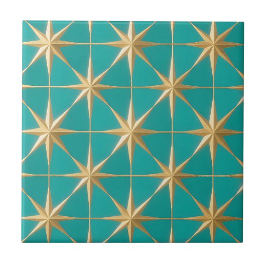 Golden Starburst Geometric Teal Midcentury Fliese (Vorderseite)