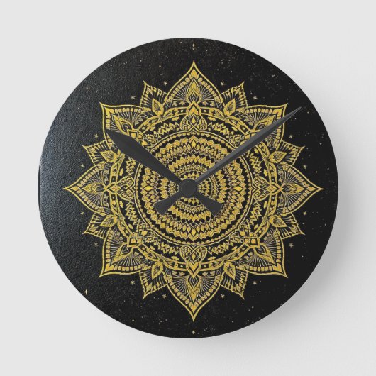 Golden Starburst Mandala on Black Runde Wanduhr (Vorderseite)