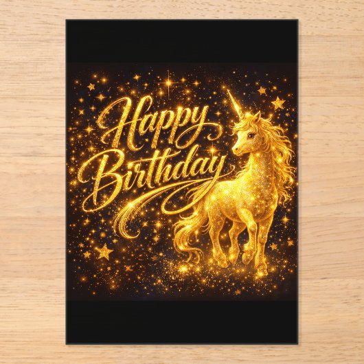 Golden Stardust Birthday — Fantasy Unicorn Acryleinladungen (Vorderseite)