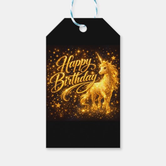 Golden Stardust Birthday — Fantasy Unicorn Geschenkanhänger (Vorderseite)
