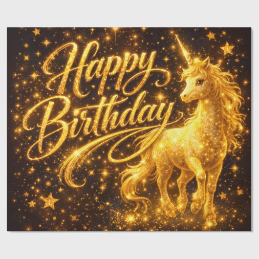 Golden Stardust Birthday — Fantasy Unicorn Geschenkpapier (Flach)