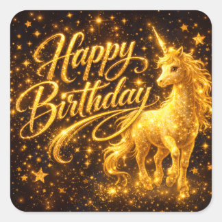 Golden Stardust Birthday — Fantasy Unicorn Quadratischer Aufkleber