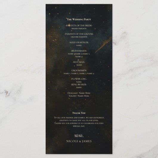 Golden Stardust Eclipse Hochzeitsprogramm Menükarte (Rückseite)