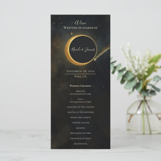 Golden Stardust Eclipse Hochzeitsprogramm Menükarte (Stehend Vorderseite)