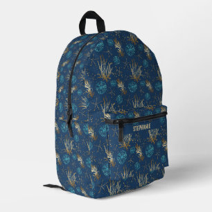 Golden Starfish & Coral Reef Muster auf Blue Bedruckter Rucksack