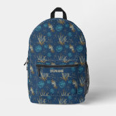 Golden Starfish & Coral Reef Muster auf Blue Bedruckter Rucksack (Vorderseite)