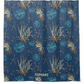 Golden Starfish & Coral Reef Muster auf Blue Duschvorhang (Vorderseite)