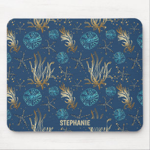 Golden Starfish & Coral Reef Muster auf Blue Mousepad