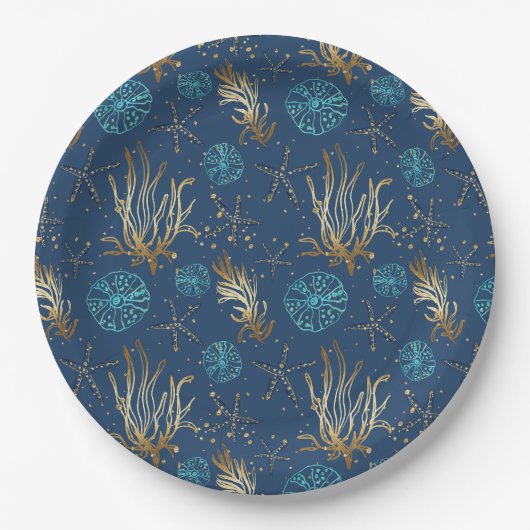 Golden Starfish & Coral Reef Muster auf Blue Pappteller (Vorderseite)
