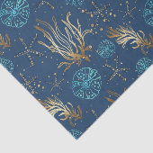 Golden Starfish & Coral Reef Muster auf Blue Seidenpapier (Ausschnitt)