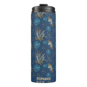 Golden Starfish & Coral Reef Muster auf Blue Thermosbecher