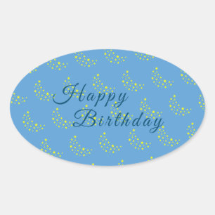 Golden Starry Moon, Picton Blue Happy Birthday Ovaler Aufkleber