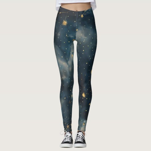 Golden Starry Night - Luxe Celestial Actuwear Leggings (Vorderseite)