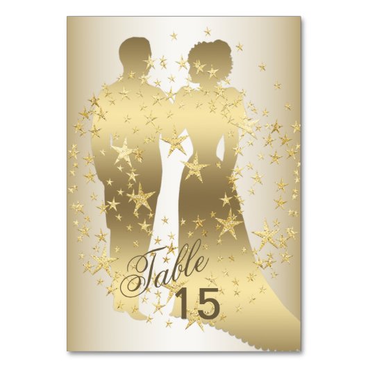 Golden Stars Bride And Groom Party Tischnummer (Vorderseite)