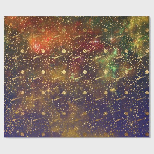 Golden Stars Confetti Celestial Firmament Comets Geschenkpapier (Flach)