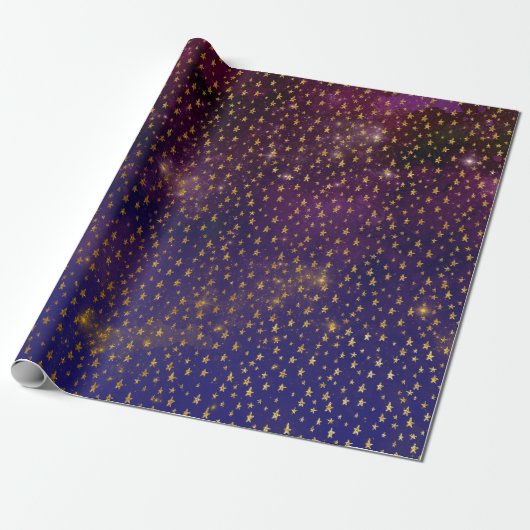 Golden Stars Confetti Celestial Firmament Lila Geschenkpapier (Ungerollt)