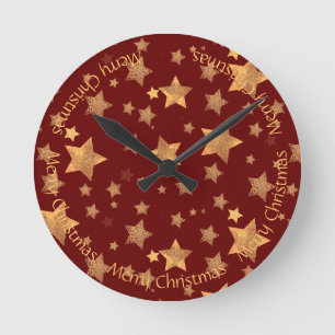Golden Stars Dark Red Shiny Elegante Stilvolle Ele Runde Wanduhr