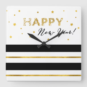 Golden Stars - Happy New Year Quadratische Wanduhr