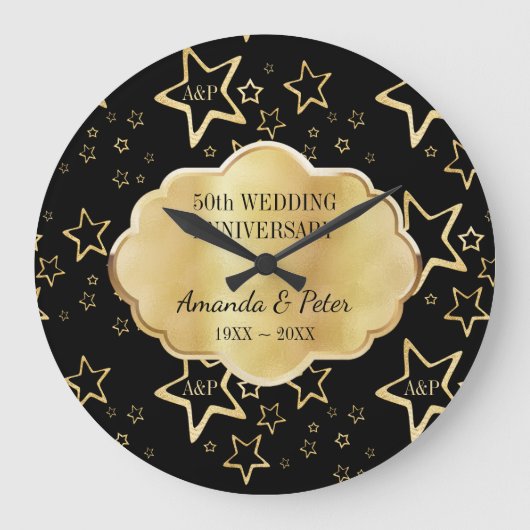 Golden Stars mit Monogramm Große Wanduhr (Vorderseite)