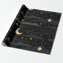 Golden Stars & Moon Night Sky Wrapping Paper Geschenkpapier