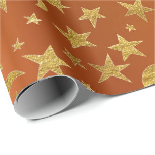 Golden Stars Moon Sky Metallic Coral Orange Geschenkpapier