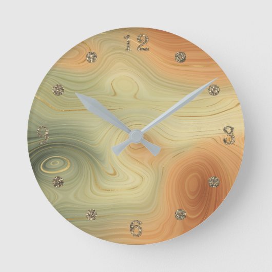 Golden Strata | Peach Burnt Orange Green Agate Runde Wanduhr (Vorderseite)