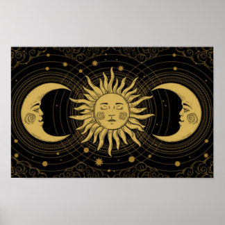 Golden Sun-Moon am Mitternachtsschwarzen Himmel Poster