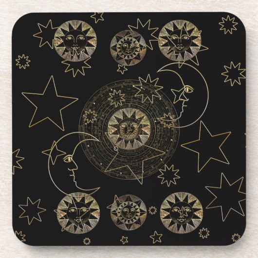 Golden Sun Moon Stars Celestial Astronomie Kunst Getränkeuntersetzer (Vorderseite)