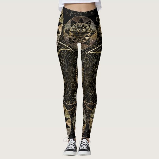 Golden Sun Moon Stars Celestial Astronomie Kunst Leggings (Vorderseite)