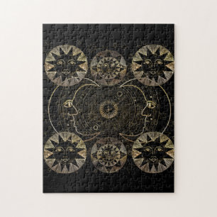 Golden Sun Moon Stars Celestial Astronomie Kunst Puzzle