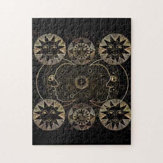 Golden Sun Moon Stars Celestial Astronomie Kunst Puzzle (Vertikal)