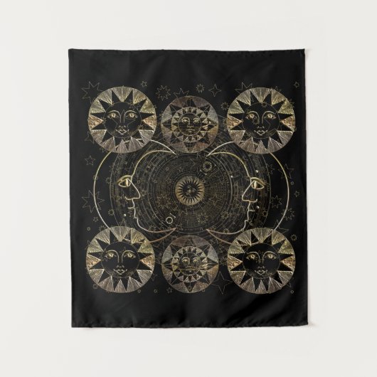 Golden Sun Moon Stars Celestial Astronomie Kunst Wandteppich (Vorderseite)