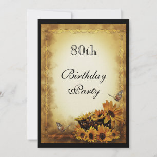 Golden Sunblumen & Schmetterlinge 80. Geburtstag Einladung
