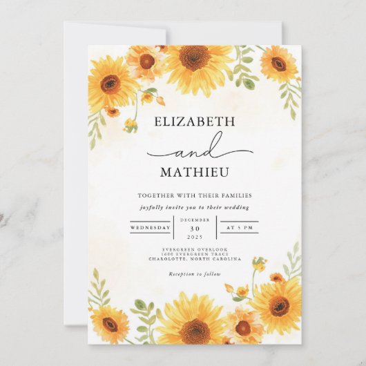 Golden Sunflower Border Accent Wedding Einladung (Vorderseite)