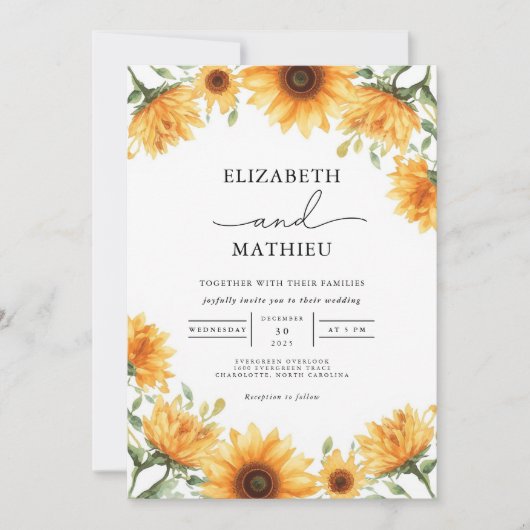 Golden Sunflower Border Bloom Wedding Einladung (Vorderseite)