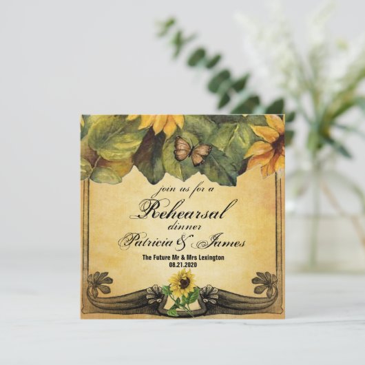 Golden Sunflowers Hochzeitliche Probe Dinner Card Einladung (Stehend Vorderseite)