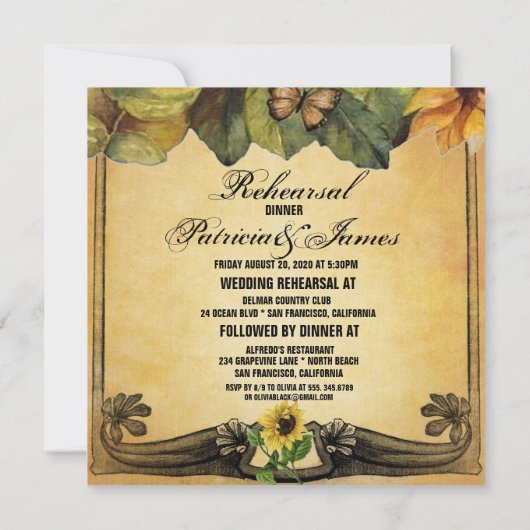 Golden Sunflowers Hochzeitliche Probe Dinner Card Einladung (Rückseite)