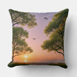 Golden Sunset Ocean Beach Landscape with Trees  Kissen