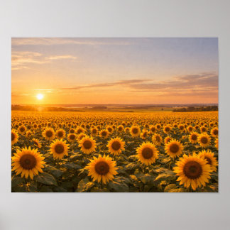 Golden Sunset Sunflower Field Poster