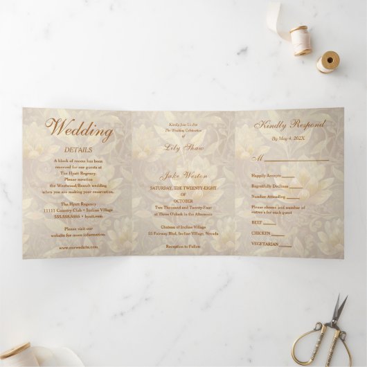 Golden Sunshine Floral Wedding Dreifach Gefaltete Einladung (Innenseite)