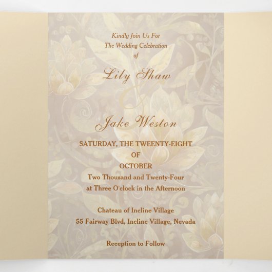 Golden Sunshine Floral Wedding Dreifach Gefaltete Einladung (Innenseite Mitte)