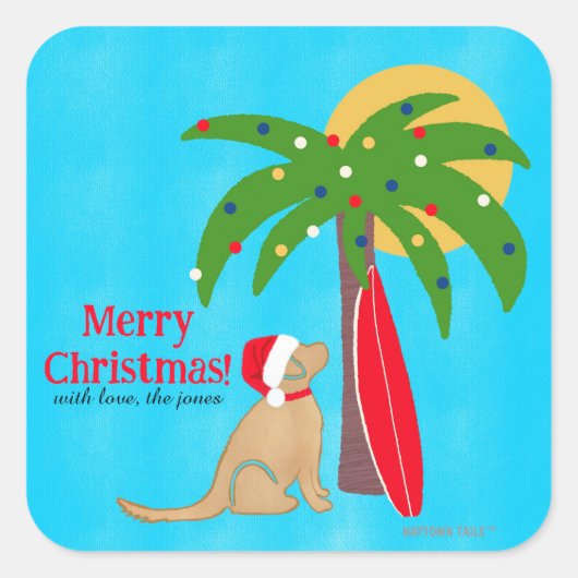 Golden Surf Dog Palm Tree Sunshine Christmas Quadratischer Aufkleber (Vorderseite)