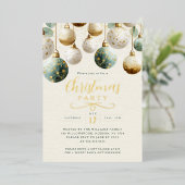 Golden Teal Green Baubles Christmas Party Folieneinladung (Stehend vorne)