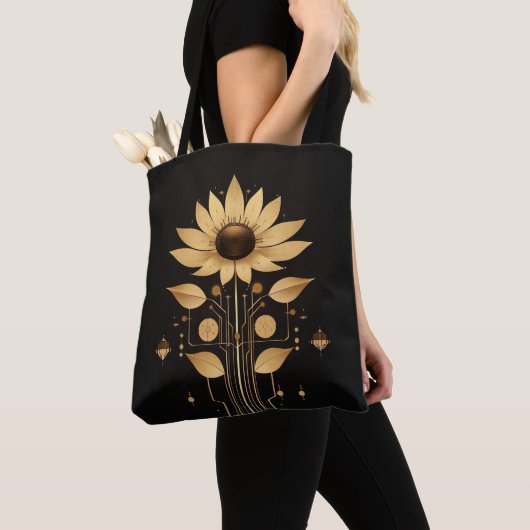 Golden Tech Bloom - Solarpunk Art Tasche (Von Nahem)
